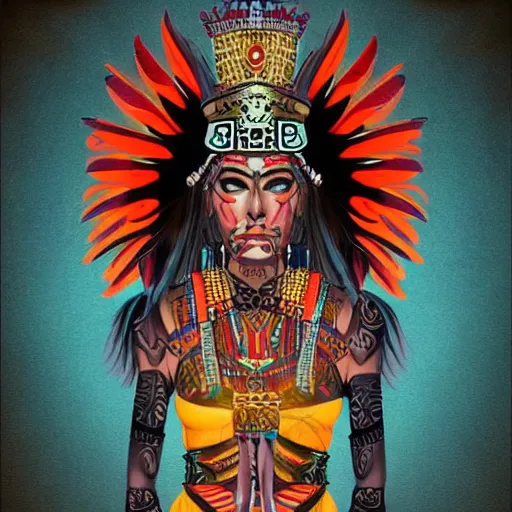 Prompt: character design, aztec warrior goddess, crown of body length feathers, full body, glowing aztec tattoos, beautiful, dark fantasy