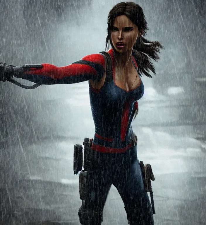 Image similar to cinematic of lara croft as spiderman, dramatic rain, 8 k, moody lighting