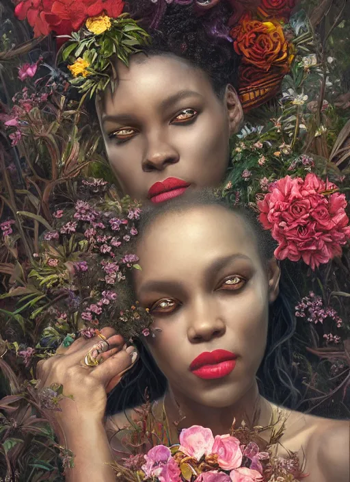 Image similar to portrait of the african queen of the underworld, surrounded by flowers by karol bak, james jean, tom bagshaw, rococo, sharp focus, trending on artstation, cinematic lighting, hyper realism, octane render, 8 k, hyper detailed.