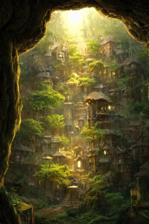 Image similar to a miniature city built into the trunk of a single colossal tree in the forest, with tiny people, in the style of craig mullins, lit windows, close - up, low angle, wide angle, awe - inspiring, highly detailed digital art