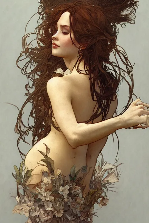 Image similar to beautiful natural coy cottagecore goddess maiden, master drawing, intricate, elegant, highly detailed, digital painting, artstation, concept art, smooth, sharp focus, illustration, art alphonse mucha and james gurney and craig mullins and wlop