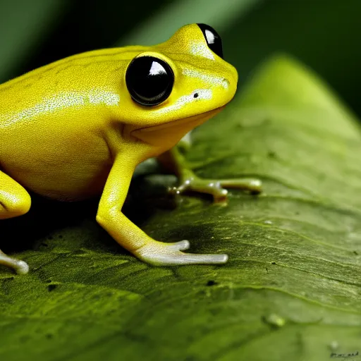 Prompt: yellow dart frog, dendrobatidae, chilling on a leaf, by artist giger, concept art for movie, super low saturated colors, extreme detail, 4 k, detailed rendering, realistic lighting, sharp focus, backlit