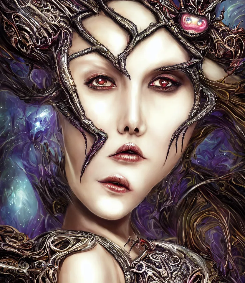 Image similar to close up portrait on the enchanting femenine queen of the zerg, hyper attractive, seductive, very complex, hyper-maximalist, overdetailed, legendary cinematic, darkfantasy, archetype with timeless beauty breathtaking eyes, her spider like legs spread evenly around her framing the image, collossal alien ship in the sky behind her, highly intricate, digital art, very elegant, HDR 8K, biblical art, realism, incomprehensible yet perspicious detail, unbeatable quality, silent hill aesthetic, photorealistic, lifelike, DSLR 8k, unbeatable coherency, Omnious intricate, octane render, created Nixeu & z--ed from deviantart