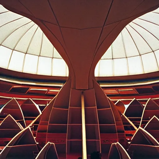 Image similar to interior of a futuristic lotus temple with gold, red and white marble panels, in the desert, by buckminster fuller and syd mead, intricate contemporary architecture, photo journalism, photography, cinematic, national geographic photoshoot