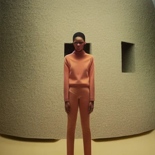 Image similar to realistic photoshooting for a new balenciaga lookbook, color film photography, portrait of a beautiful woman, location in a set design by james turrell, in style of Tyler Mitchell, 35mm,