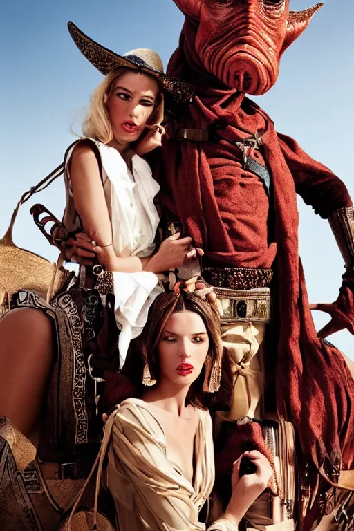 Image similar to dolce & gabbana campaign featuring jar jar binks as a female cowgirl, long eyeslashes, huge juicy lips, big seductive eyes, shot by mario testino, realistic vfx simulation