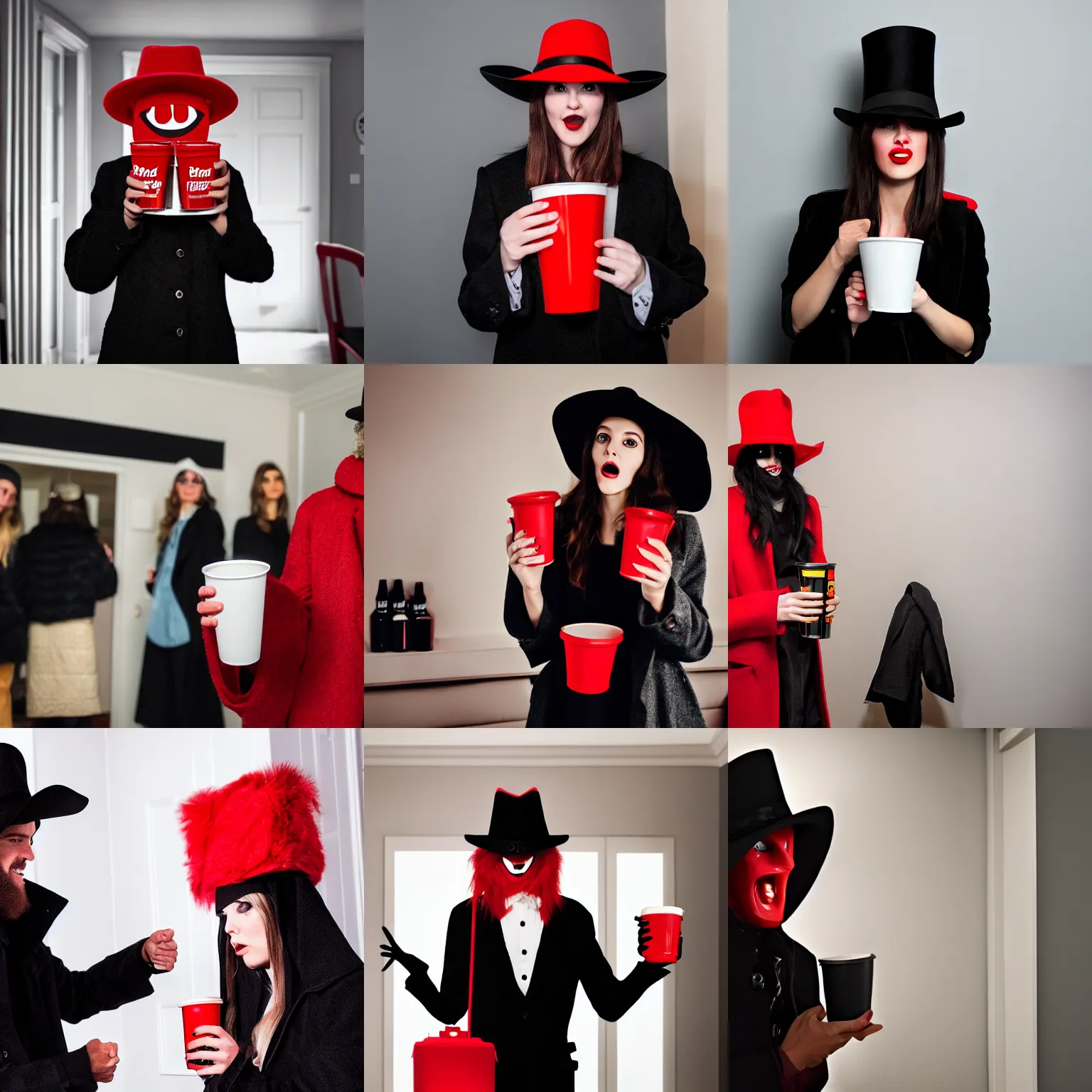 Prompt: shy babadook in black hat and coat at a houseparty, awkwardly holding red solo cup filled with beer, standing in corner of room, flash photography 4 k hdr