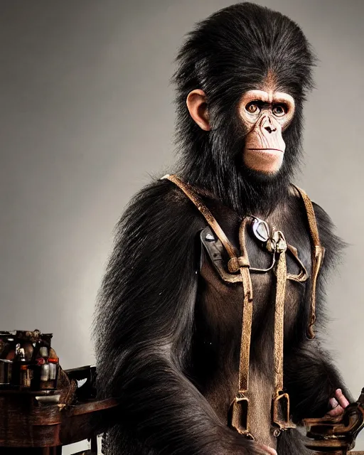 Image similar to Jared Leto As the Chimpanzee Cornelius in The Planet of the Apes, he is wearing a Steampunk androgynous victorian era dress designed by Sandy Powell, Studio Lighting, Highly detailed Chimpanzee facial prosthetics by Rick Baker, Studio Lighting, Shot in the Style of Annie Leibovitz