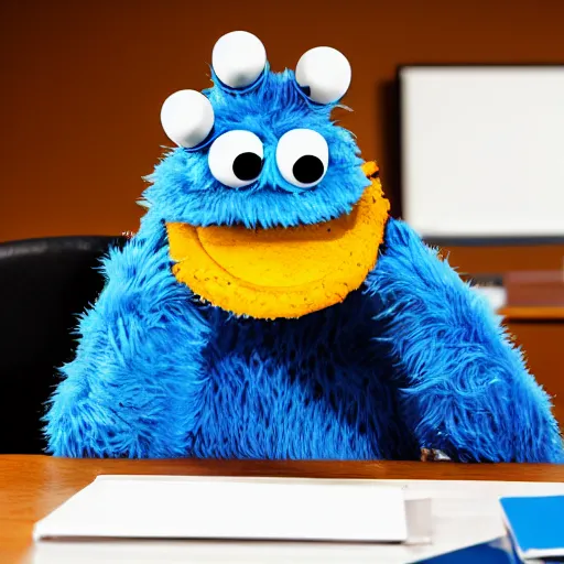 Prompt: Cookie Monster as a CEO of a company