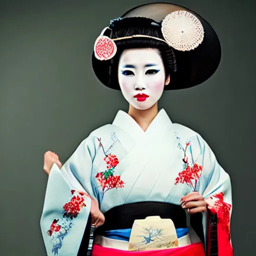 Image similar to fashion model geisha wearing traditional japanese clothing with traditional make up looking into lens