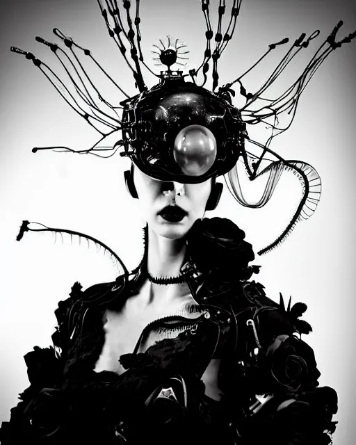 Image similar to dreamy surreal poetic black and white photo of a beautiful young bio-mechanical-female-jellyfish-cyborg-plastic-robot with a very long neck and a super big gothic lace collar and a very high big floral crown with many black dry roses by Vivienne Westwood:: smoke, high fashion, haute couture, rococo, avant-garde, elegant, dreamy, hyper realistic, 150 mm lens, soft rim light, octane render, unreal engine, picture was taken in 1910 by Dora Maar, volumetric lighting, dramatic light,8k,