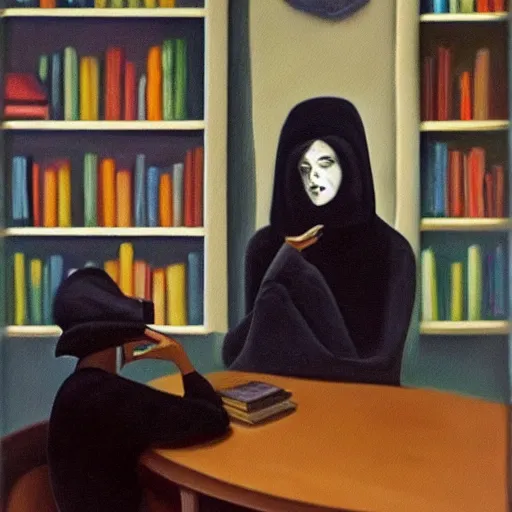 Prompt: a surreal painting from 1 9 4 5 of a woman wearing a black hood in a library