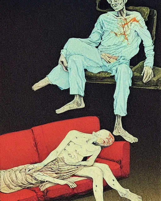 Image similar to early color photo of an old dead couple sitting on a couch in an old soviet apartment and looking at the scared enlightened boy flying up in sky, Beksinski impasto painting, part by Adrian Ghenie and Gerhard Richter. art by Takato Yamamoto, masterpiece