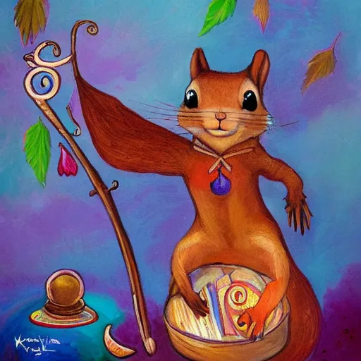 Image similar to a painting of a a whimsical squirrel mage by phil and kaja foglio