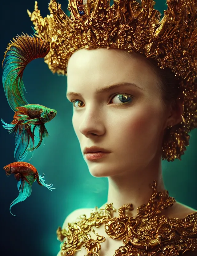 Image similar to blurred background. close-up portrait of a goddess in crown made of skulls. betta fish, phoenix, bioluminiscent creature, super intricate ornaments, by Anne Bachelier by Anka Zhuravleva, Anato Finnstark and Alena Aenami, Bruno Walpoth. unreal engine