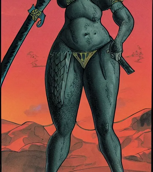 Image similar to 1 9 8 0 s fantasy novel book cover, bbw plus size amazonian sarah hyland in extremely tight bikini armor wielding a cartoonishly large sword, exaggerated body features, dark and smoky background, low quality print