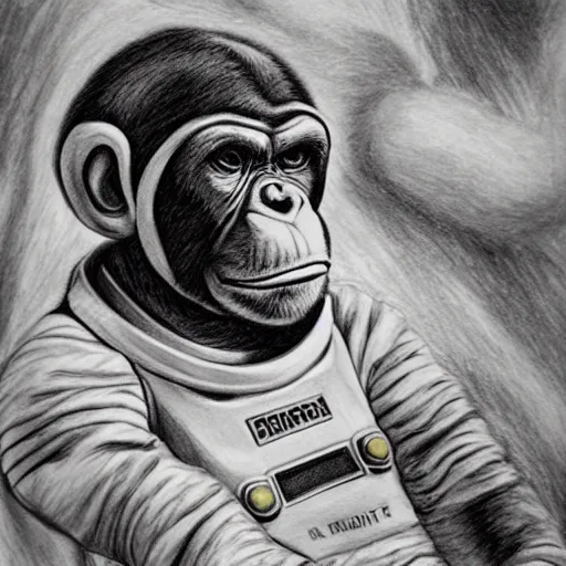 Image similar to pencil art, portait, highly detailed, epic, astronaut chimpanzee holding hands with a friendly human astronaut.