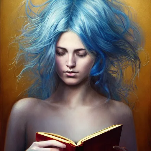 Image similar to An incredible fantastical painting of a girl reading book, hair flowing down | symmetric!, anatomically correct | by Greg Rutkowski and Greg Staples with James Gurney | hyperrealism artwork beautiful detailed painting | trending on Artstation
