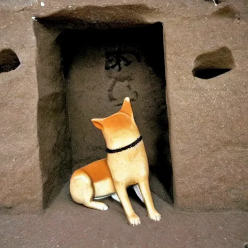 Image similar to happy shiba inu dog carving on the wall of an ancient egyptian tomb