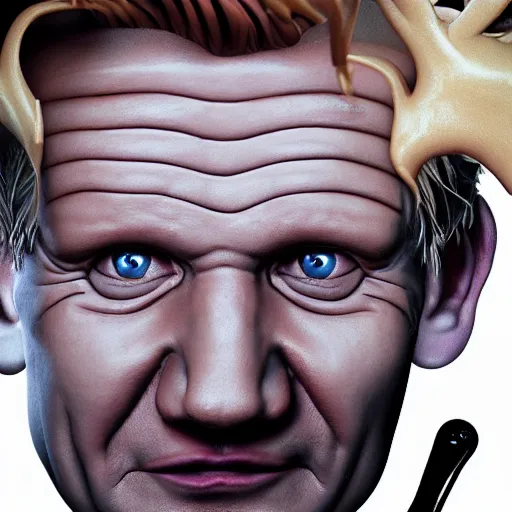 Image similar to photorealistic gordon ramsay with devil horns in the style of michael whelan. hyperdetailed photorealism, 1 0 8 megapixels, amazing depth, high resolution, 3 d shading, 3 d finalrender, 3 d cinematic lighting, glowing rich colors, psychedelic overtones, artstation concept art.