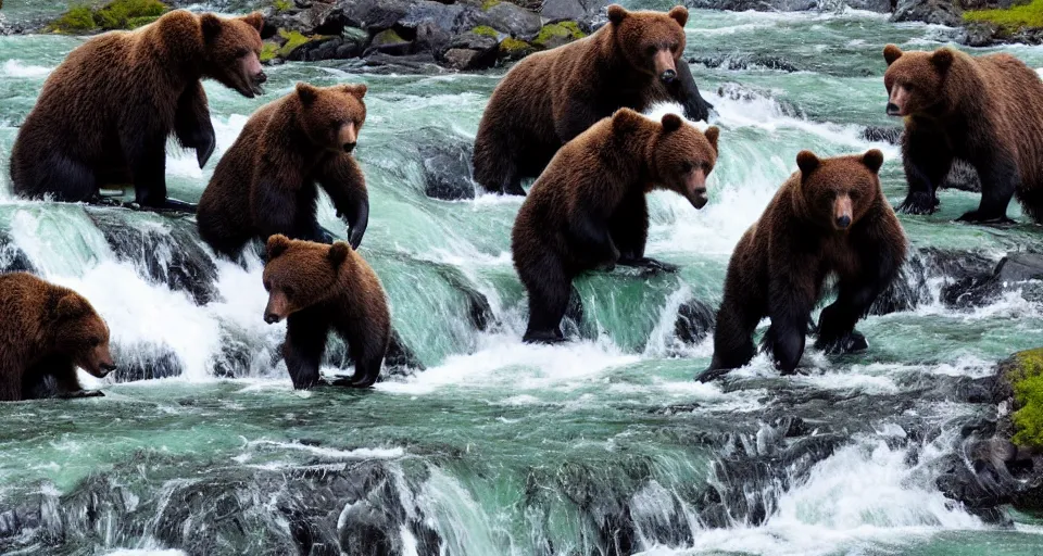 Image similar to dozens!!! of bears!!! catching salmon on a small waterfall in alaska, detailed, wide angle, 4 k