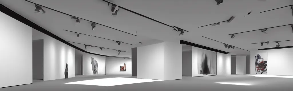 Image similar to 3 d rendering of a hyper modern art gallery with white walls, 5 0 mm canon lens, hyper detailed, soft bright light, unreal engine 5, 4 k, trending on artstation