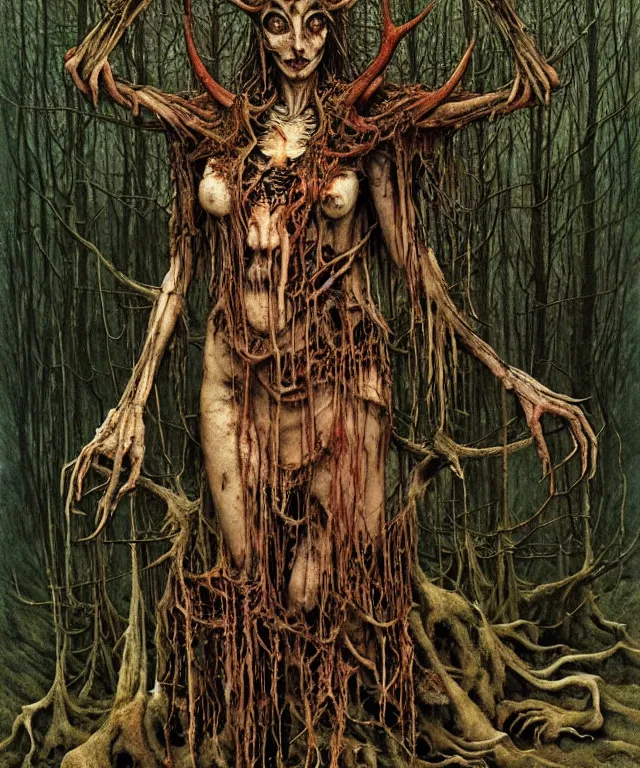 Prompt: a detailed creepy horned woman with many joints and arms stands among the forest. wearing a ripped mantle, robe. perfect faces, extremely high details, realistic, fantasy art, solo, masterpiece, art by zdzislaw beksinski, arthur rackham, dariusz zawadzki, hermann nitsch