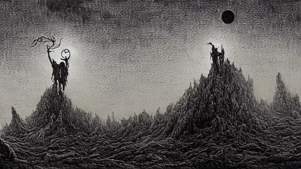 Image similar to the unknown place beyond the sea, ethereal world of dead oceans and burning mountains, under a pale dead moon, pale sands, blues and greys, a lifeless dried husk of a world, folk horror, dramatic dark eerie lighting, horrific surreal nightmare, etching by Gustave Dore, 8k resolution artwork, horror art, eerie, creepy, trending on artstation, painting, elaborate excellent painted illustration, smooth, sharp focus