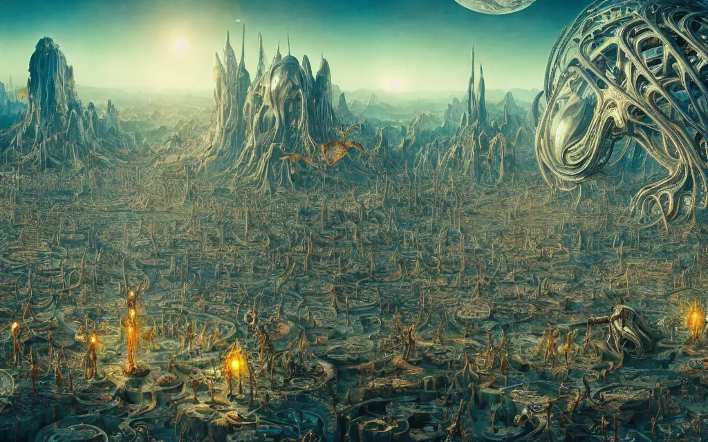 Image similar to a group of bizarre aliens in a high tech city on an alien planet, beautiful atmosphere, colorful, beautiful detailed intricate insanely detailed octane render trending on artstation, 8 k artistic photography, photorealistic, volumetric cinematic light, salvador dali, hieronymus bosch, alex grey, beksinski, giger,