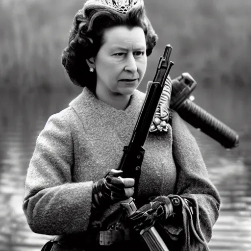 Image similar to cinematic shot of Queen Elizabeth II wearing combat armor and holding a rifle in a swamp, 8k, very detailed, very intricate, depth of field,