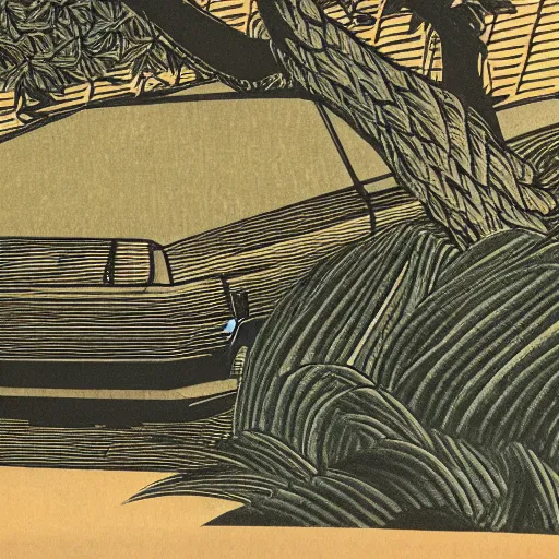 Prompt: japanese woodblock landscape print of a 1 9 8 0 honda civic