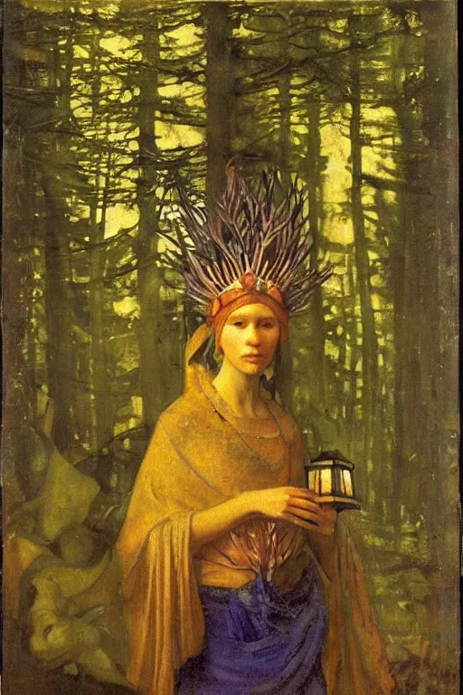 Image similar to queen of the forest with her lantern by Annie Swynnerton and Nicholas Roerich and Vermeer, strong dramatic cinematic lighting , ornate headdress , lost civilizations, smooth, sharp focus, extremely detailed