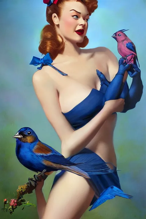 Prompt: hyper realistic painting, pinup girl holding an indigo bunting, bird, the bird is wearing a bowtie, by greg rutkowski, rossdraws, gil elvgren, enoch bolles, anime, artgerm, porcelain skin, glistening, very coherent,