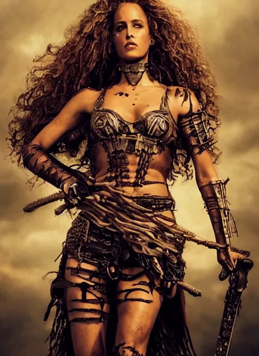 Prompt: Battlefield, Elizabeth Berkley with curly hair as aztec princess fights brutal barbarian, inspired by mad max and dark fantasy and fashion, beautiful body, clean brutal blooded symmetrical face, brutal bloody and sluty make up, epic,dramatic lighting, cinematic, establishing shot, extremely high detail, photorealistic, brutal, provocative , cinematic lighting, artstation, octane render, dark fantasy ,old photo, vintage, black and white, Boris vallejo, sepia, old photography, documentary photography