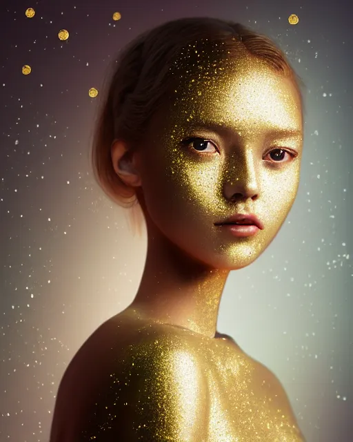 Image similar to pearl skinned girl, golden droplets on her face, casual clothes, chessboard pattern, she is looking up, intricate, crystal eyes, perfect face, atmosphere, glowing, radiant, dancing in the mud, cinematic lighting, high quality, perfect, 8 k high detail, masterpiece, trending on artstation, by seunghee lee, chengwei pan