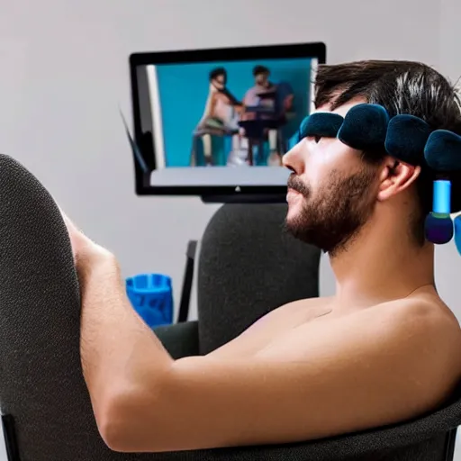 Prompt: a person wakes up sitting on a chair with things attached to his head like a mind reader, screens in front of him playing videos