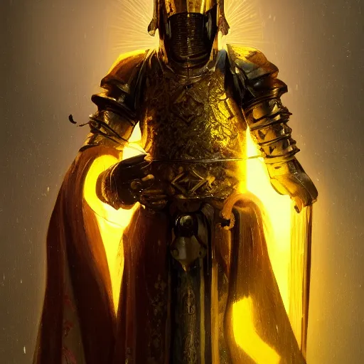 Image similar to A fancy portrait of a yellow glowing medieval Holy Knight by Greg Rutkowski, Sung Choi, Mitchell Mohrhauser, Maciej Kuciara, Johnson Ting, Maxim Verehin, loish, 4k photorealistic, volumetric lighting, HD, high details, dramatic, trending on artstation