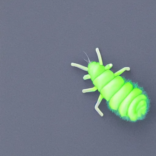 Image similar to studio photograph of a matte gray catterpillar with a neon blue head