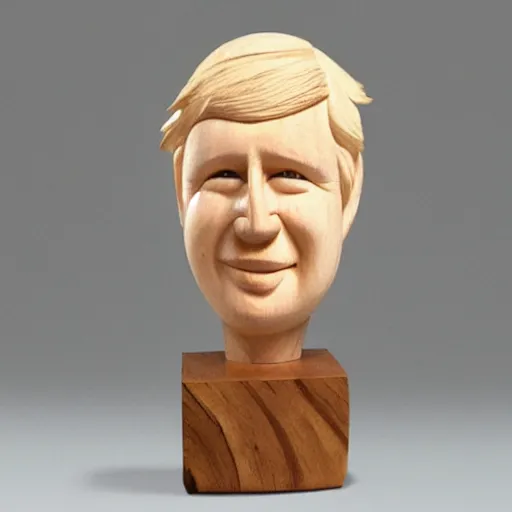 Image similar to wooden sculpture of boris johnson, polished maple, thoughtful, elegant, real