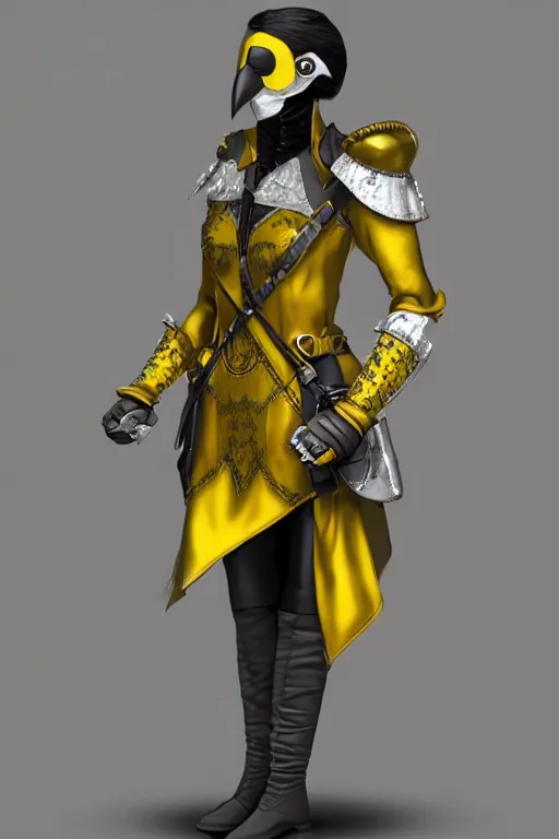 Prompt: female adventurer in tight full - body canary yellow gambeson leather armor of italian design with diamond pattern and black accents and a white porcelain crow mask, trending in artstation, establishing shot