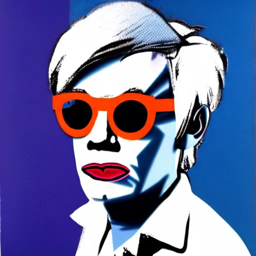 Prompt: colour portrait of absolutely angry andy warhol aged 30 looking sternly straight into the camera and wearing designer sun glasses, in the style of andy warhol