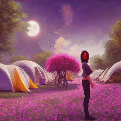 Image similar to a painting of a 1 9 6 0 s cyberpunk futuristic hippie flower power commune with tents and fruit trees and flowers and led screens, a matte painting by magali villenueve and mandy jurgens and charlie bowater, cgsociety, utopia art, sci - fi, bold colors, artstation hq