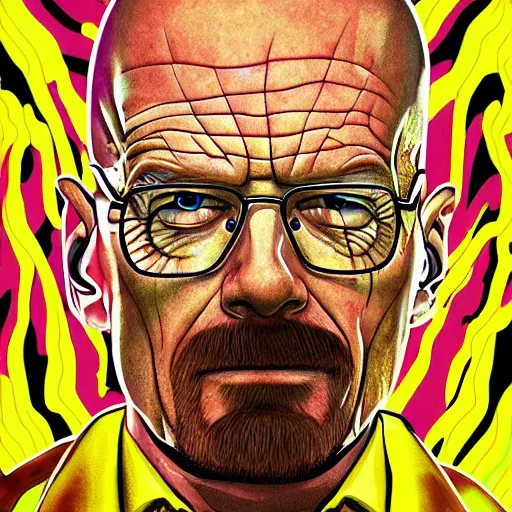 Image similar to Walter White on a acid trip , accurate anatomy, accurate hands, highly detailed, digital art, epic, masterpiece,