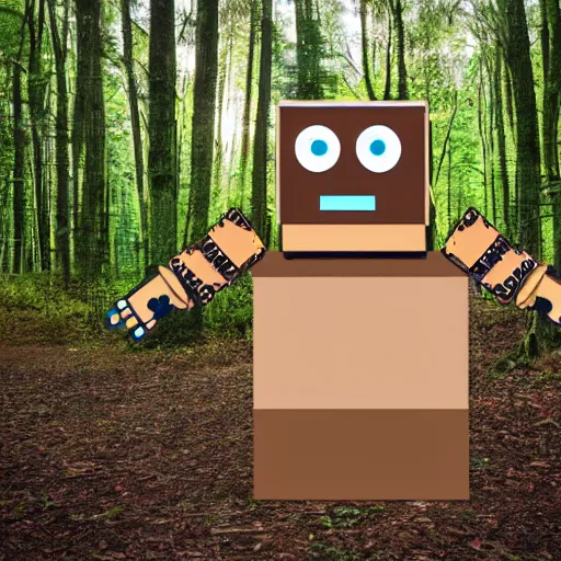 Image similar to robot made of a cardboard box, walking through the forest