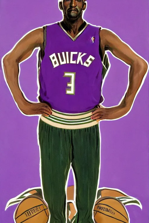 Image similar to full body portrait of the dictator of the milwaukee bucks, 1 8 8 9, in full military garb, purple, on canvas by william sidney mount, trending on artstation