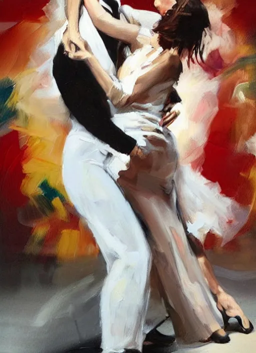 Image similar to tango dancerin in white dress, painting by phil hale, fransico goya,'action lines '!!!, graphic style, visible brushstrokes, motion blur, blurry, visible paint texture, crisp hd image