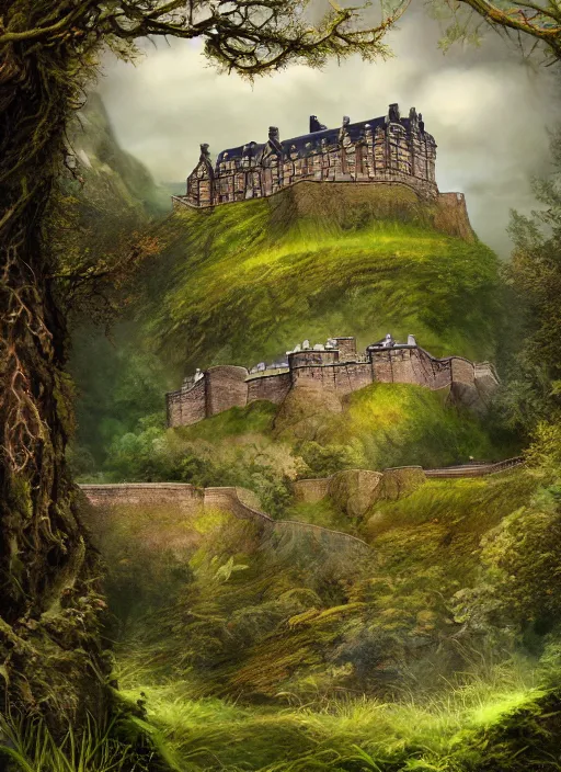 Image similar to a beautiful digital graphics design portrait of Edinburgh castle overgrown with plants, caledonian forest, matte painting, fantasy art, highly detailed