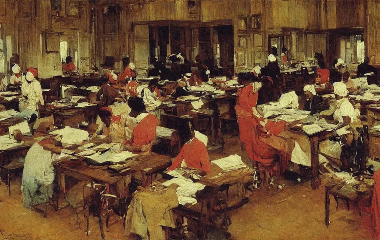 Image similar to colonial clerks working in busy office in lagos, 1905, highly colourful oil on canvas, by Ilya Repin