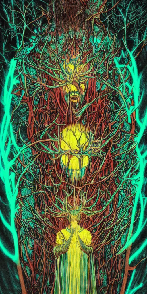 Image similar to intense glowing black metal pagan god with antlers and veins and intense glowing eyes in very dark forest by shintaro kago and beksinski and alphonse mucha, portrait, fantasy, clear, red and teal and yellow, light beams, lens flare, intense, uhd, amazing depth, cinematic lighting