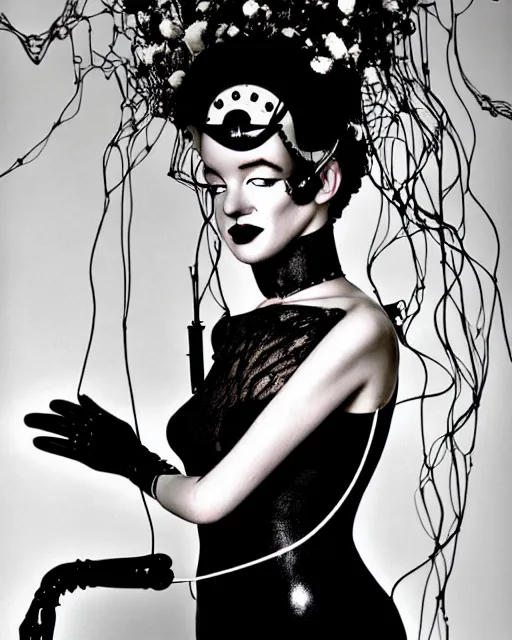 Image similar to dreamy surreal poetic black and white photo of a beautiful young bio-mechanical-female-jellyfish-cyborg-plant-plastic-robot Marilyn Monroe with a very long neck and a super big gothic lace collar and a very high big floral crown with many black dry roses by Vivienne Westwood:: smoke, high fashion, haute couture, rococo, avant-garde, elegant, dreamy, hyper realistic, 150 mm lens, soft rim light, octane render, unreal engine, picture was taken in 1910 by Dora Maar, volumetric lighting, dramatic light,8k,